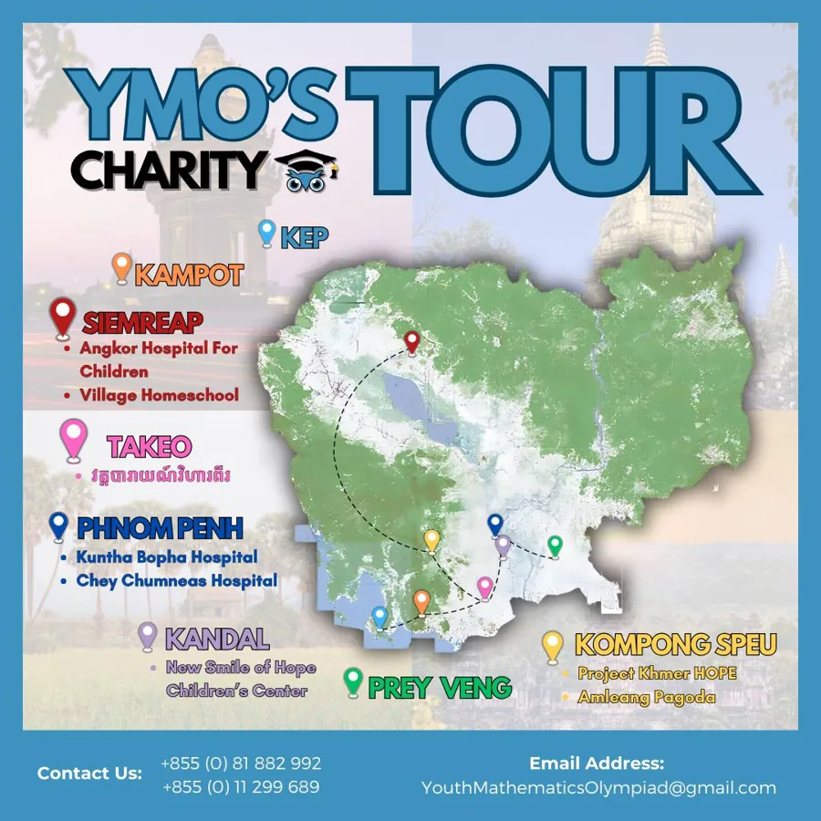 YMO's Charity Tour map: Kep, Kampot, Siem Reap, Takeo, Phnom Penh, Kandal, Prey Veng and Kampong Speu