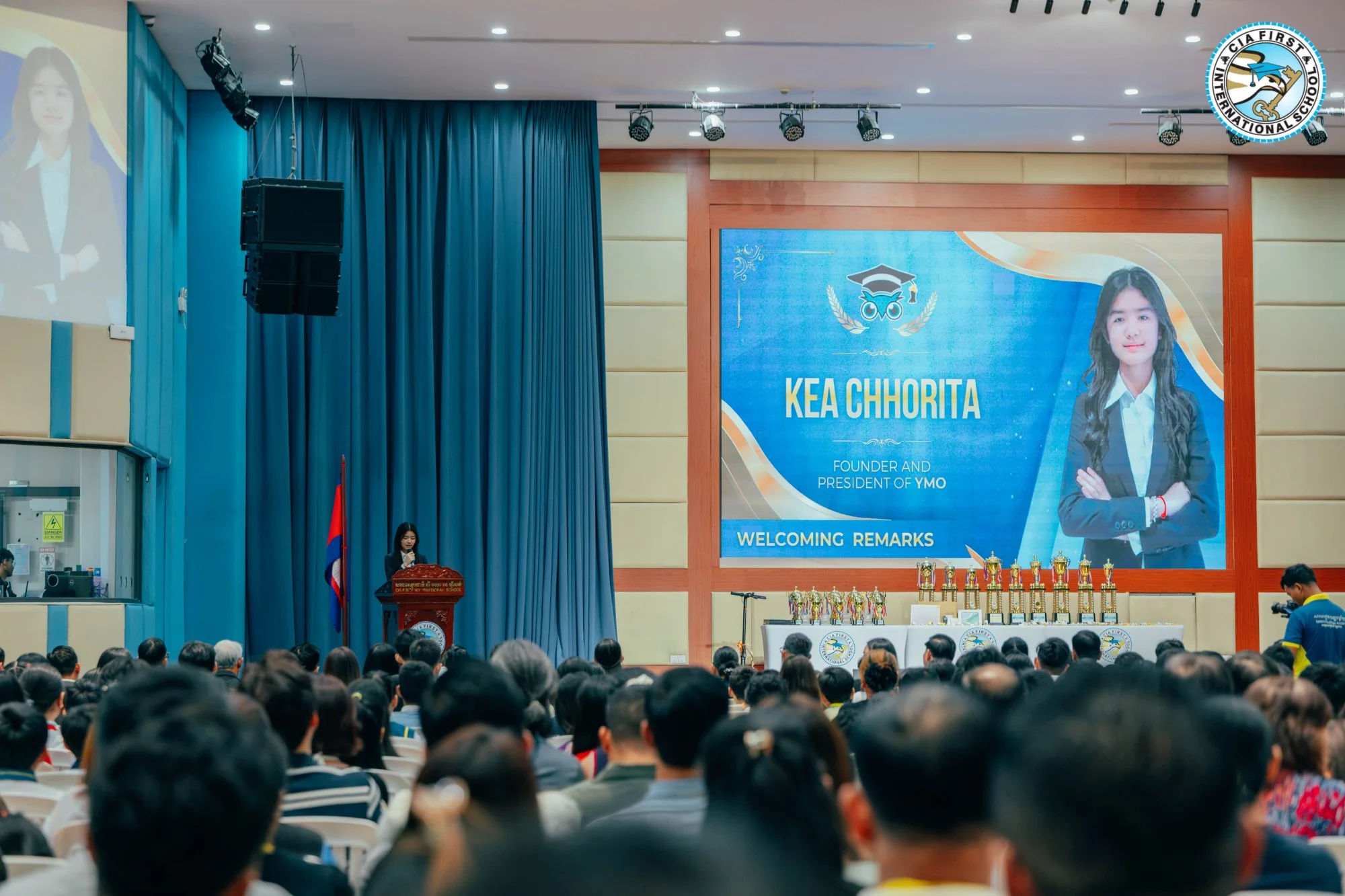 Kea Chhorita giving the welcoming remarks at the YMO DaVinci Cup Awarding Ceremony